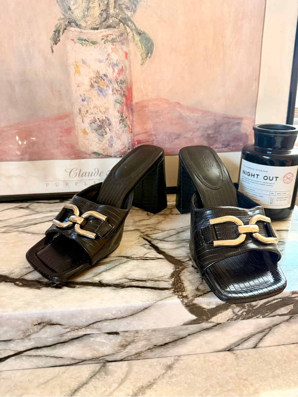 ASOS Black Croc-Embossed Block Heel Slide with Gold Chain Accent